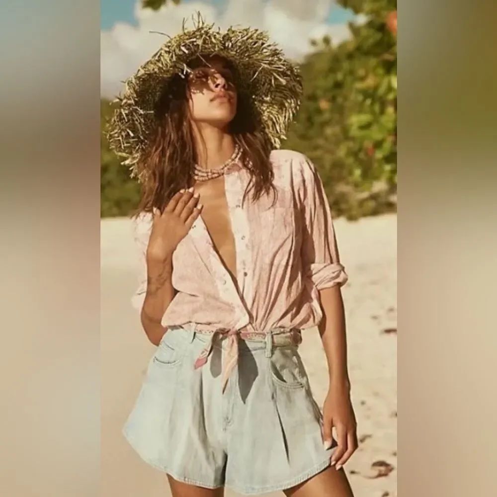 FREE PEOPLE My Rose Buttondown Western Pearl Buttons oversized shirt